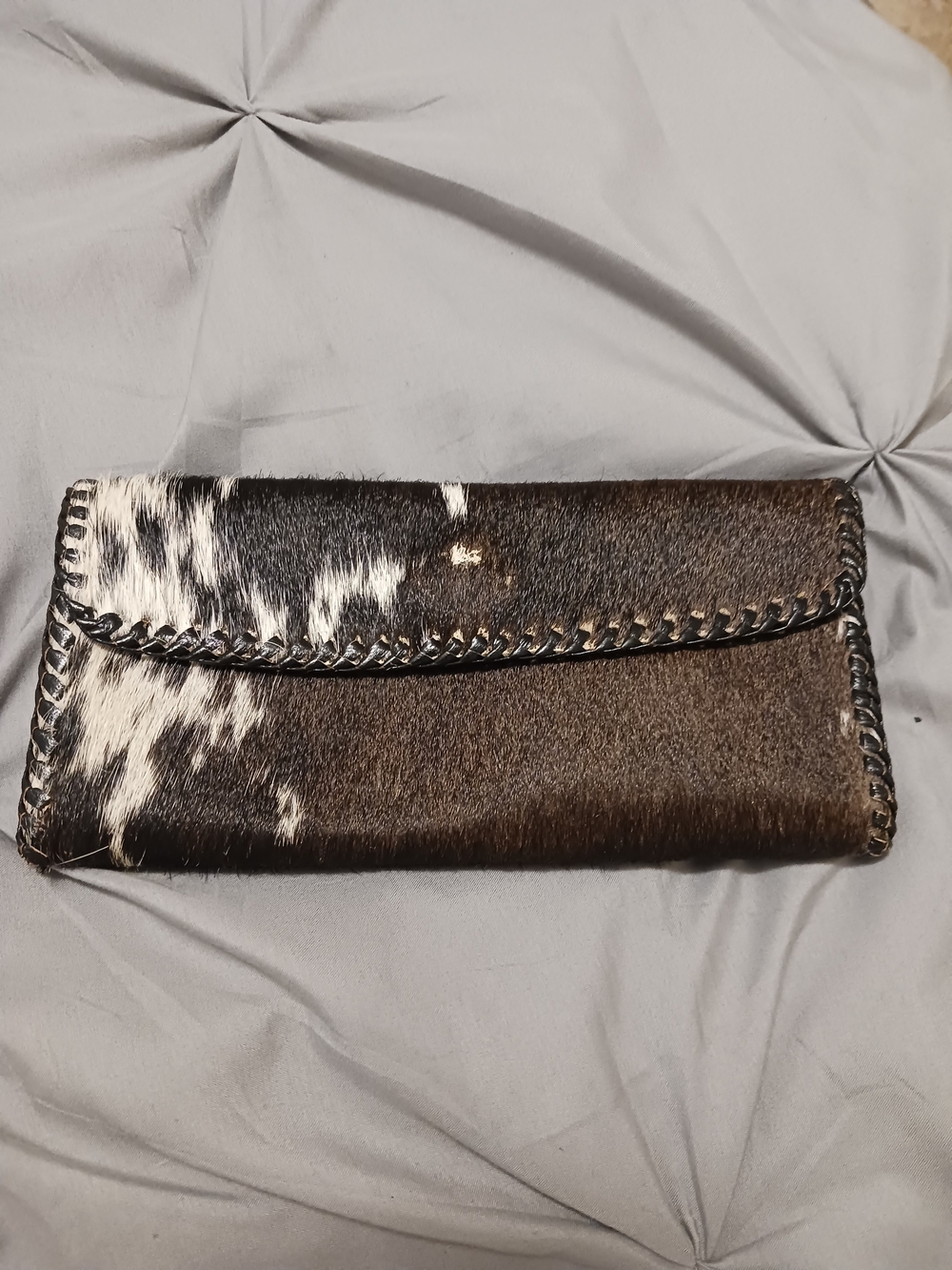Cowhide Brown and White Fold-Over Wallet Clutch